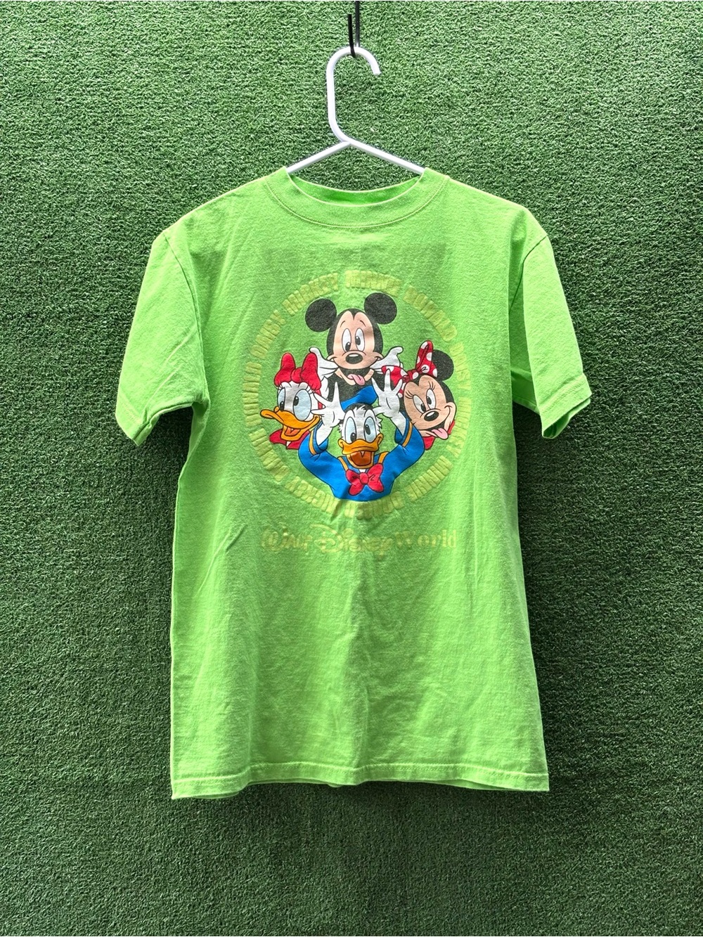 Vintage Disney Bright Green Short Sleeve Tee with Mickey, Donald, Daisy & Minnie